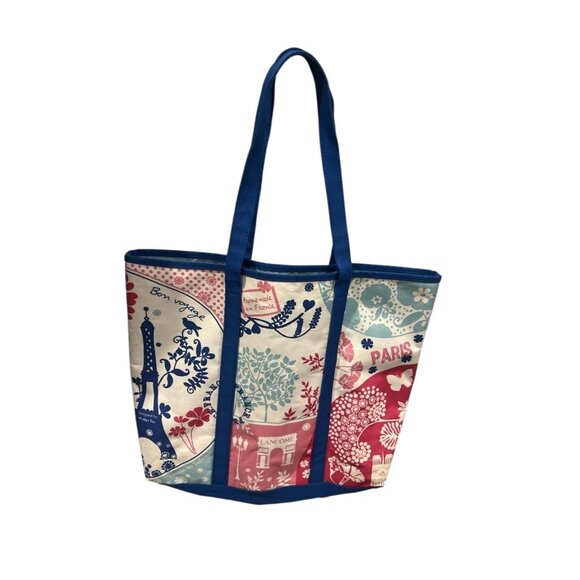 Lancome Bon Voyage Paris Blue Pink Canvas Tote Bag Purse - Picture 1 of 4